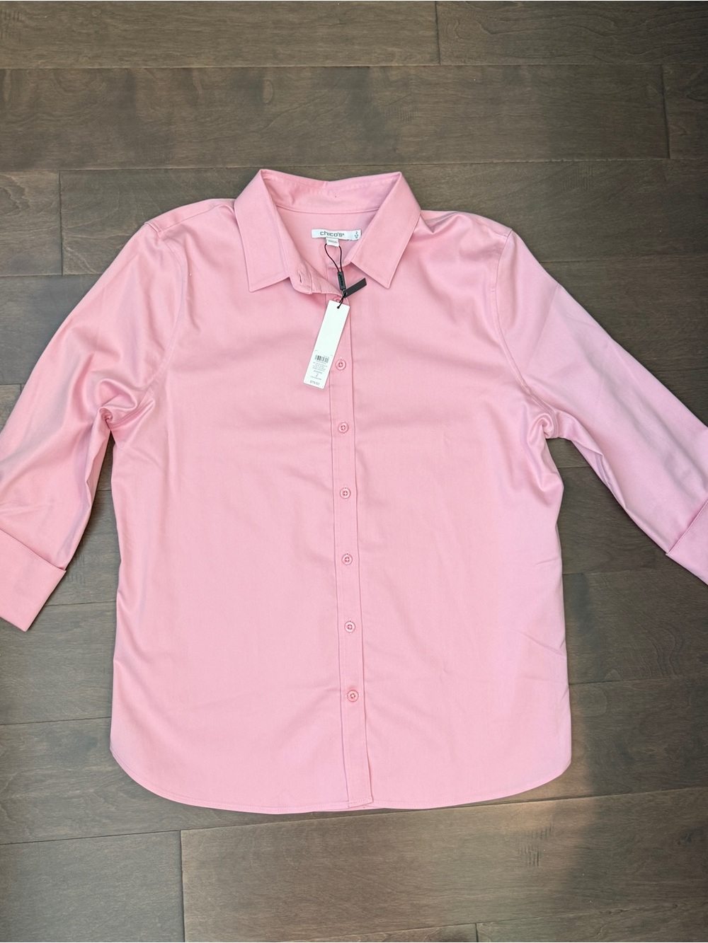 NWT Chico's No Iron Stretch Pink Rose Collared Button-Front Blouse 3/4 Sleeve 12